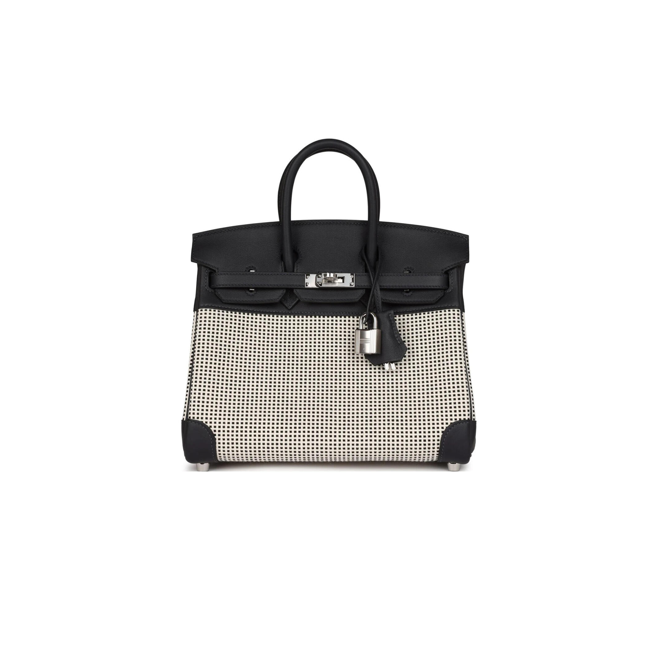 HERMÈS MASTER QUADRILLE BIRKIN 25 BLACK SWIFT AND ECRU TOILE PALLADIUM HARDWARE (25*20*13cm)